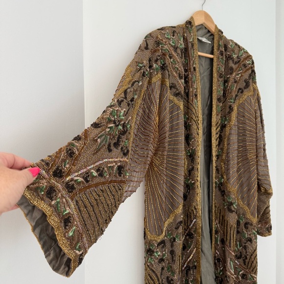 Vintage 1980s couture taupe brown silk beaded sequin kimono jacket - One Size - Picture 3 of 6